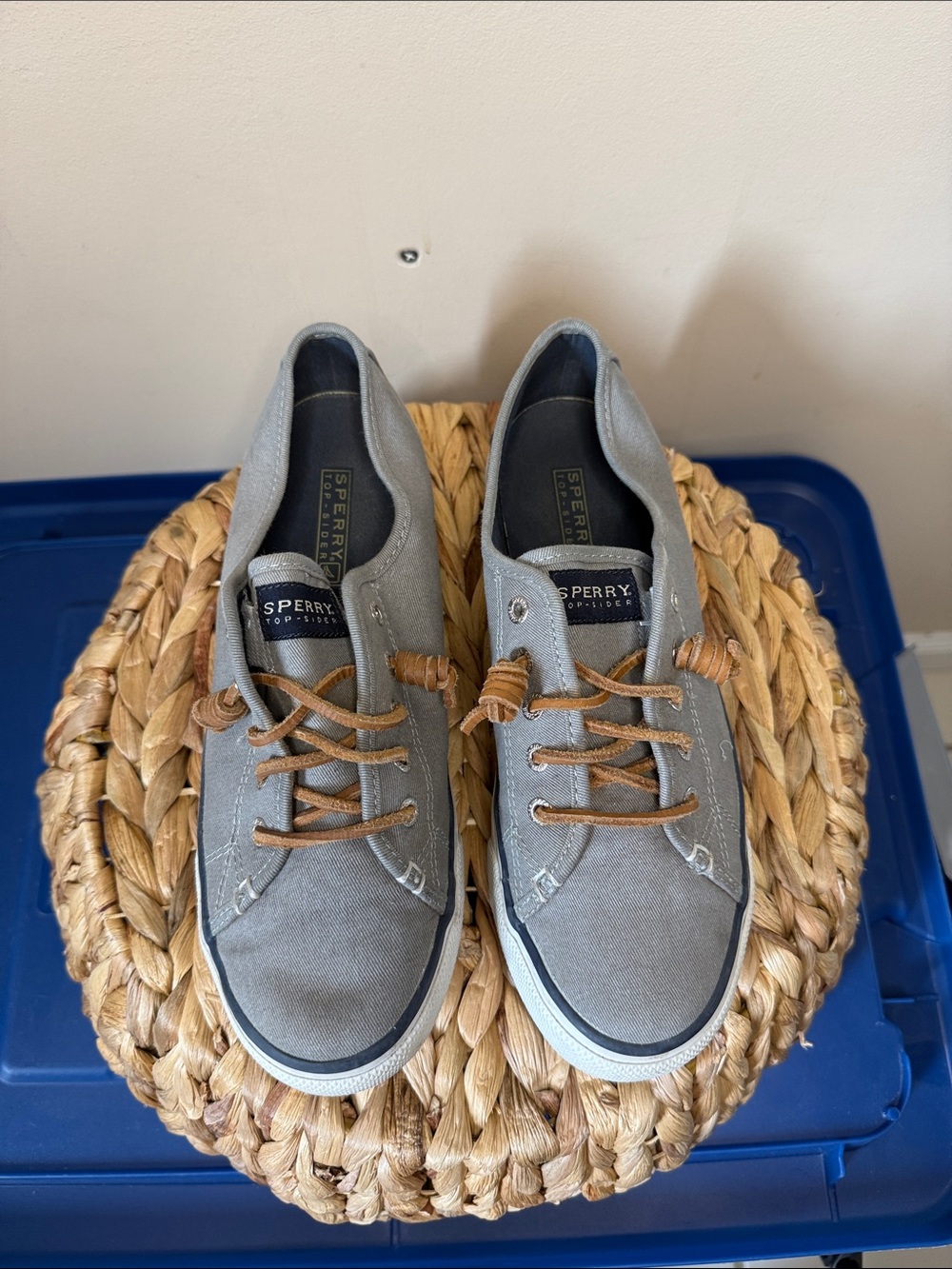 Sperry Women’s Grey Canvas Boat Shoes with Tan Laces